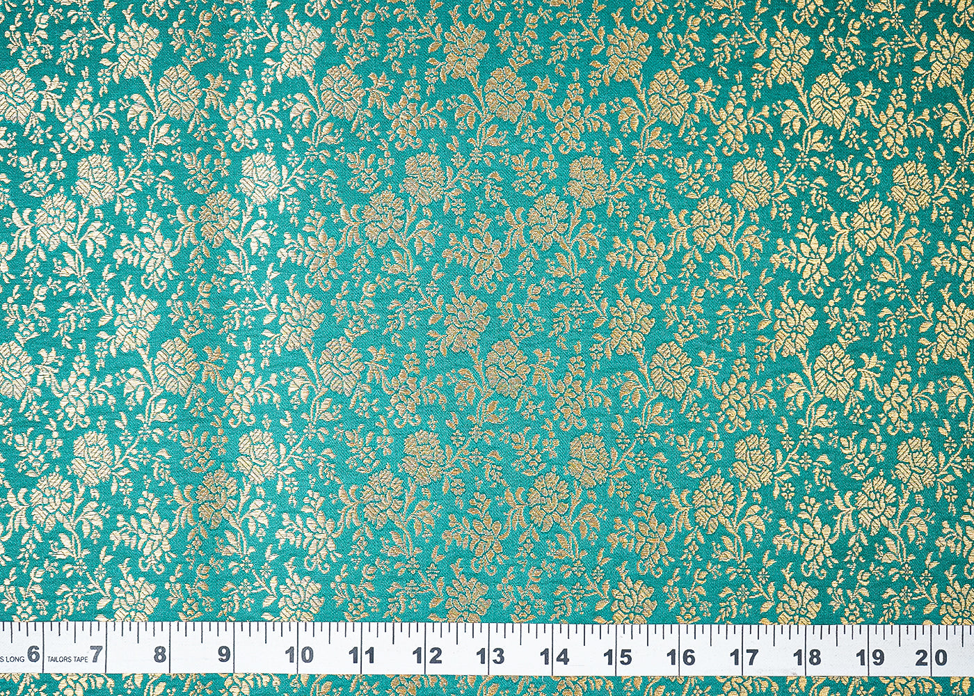 Dark Green Banarasi Brocade Fabric With All Over Golden Zari Handloom 19465