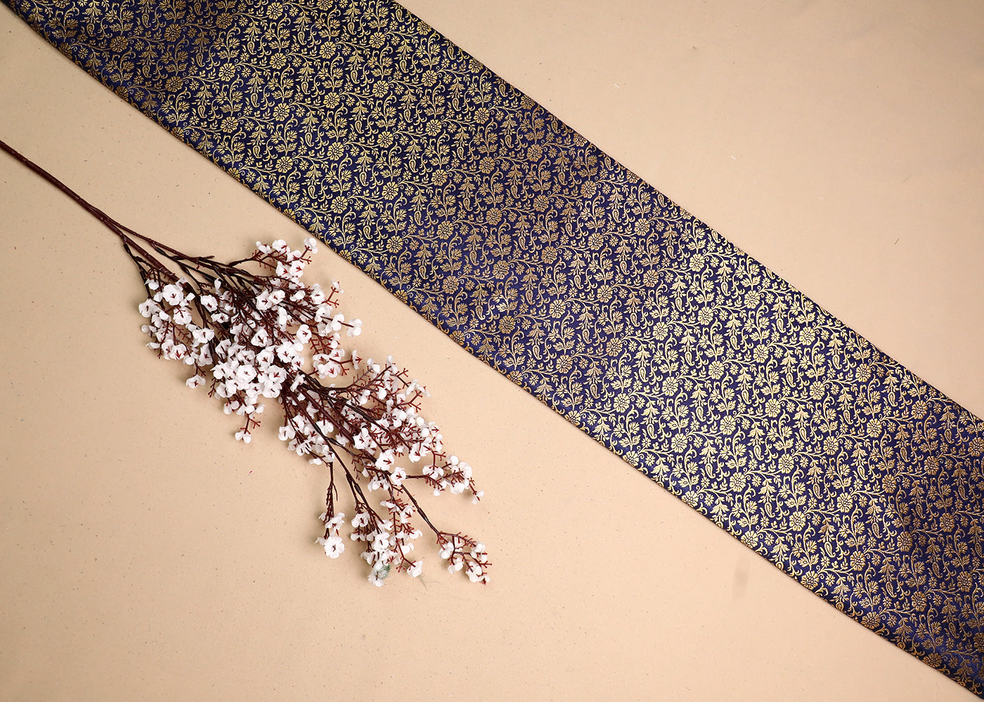 Navy Blue Banarasi Brocade Fabric With All Over Golden Zari Handloom 19466