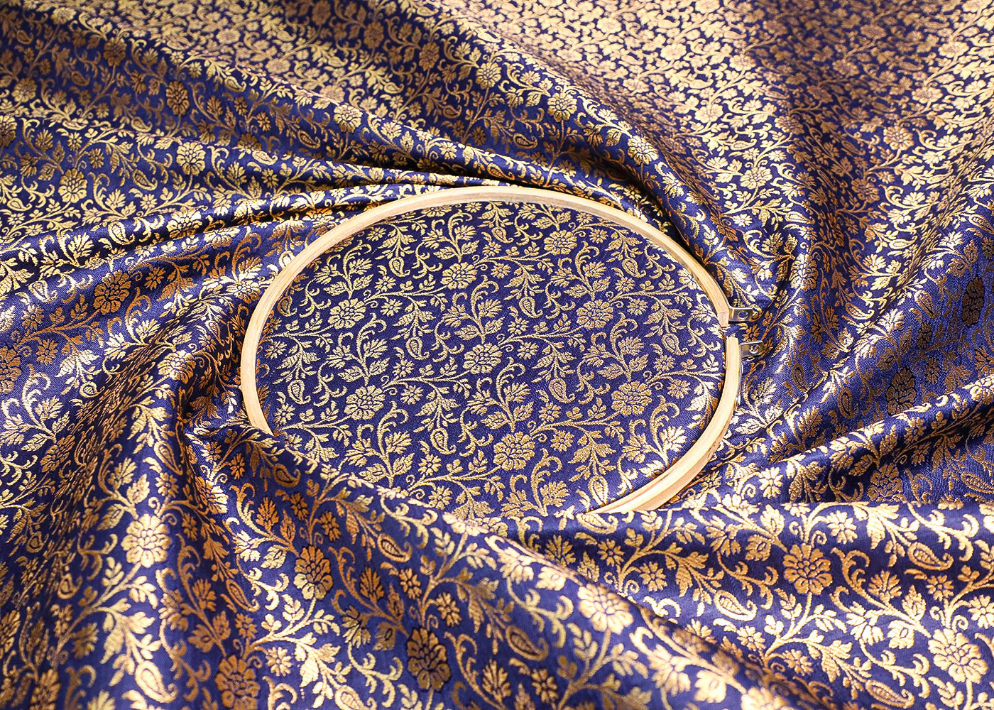 Navy Blue Banarasi Brocade Fabric With All Over Golden Zari Handloom 19466