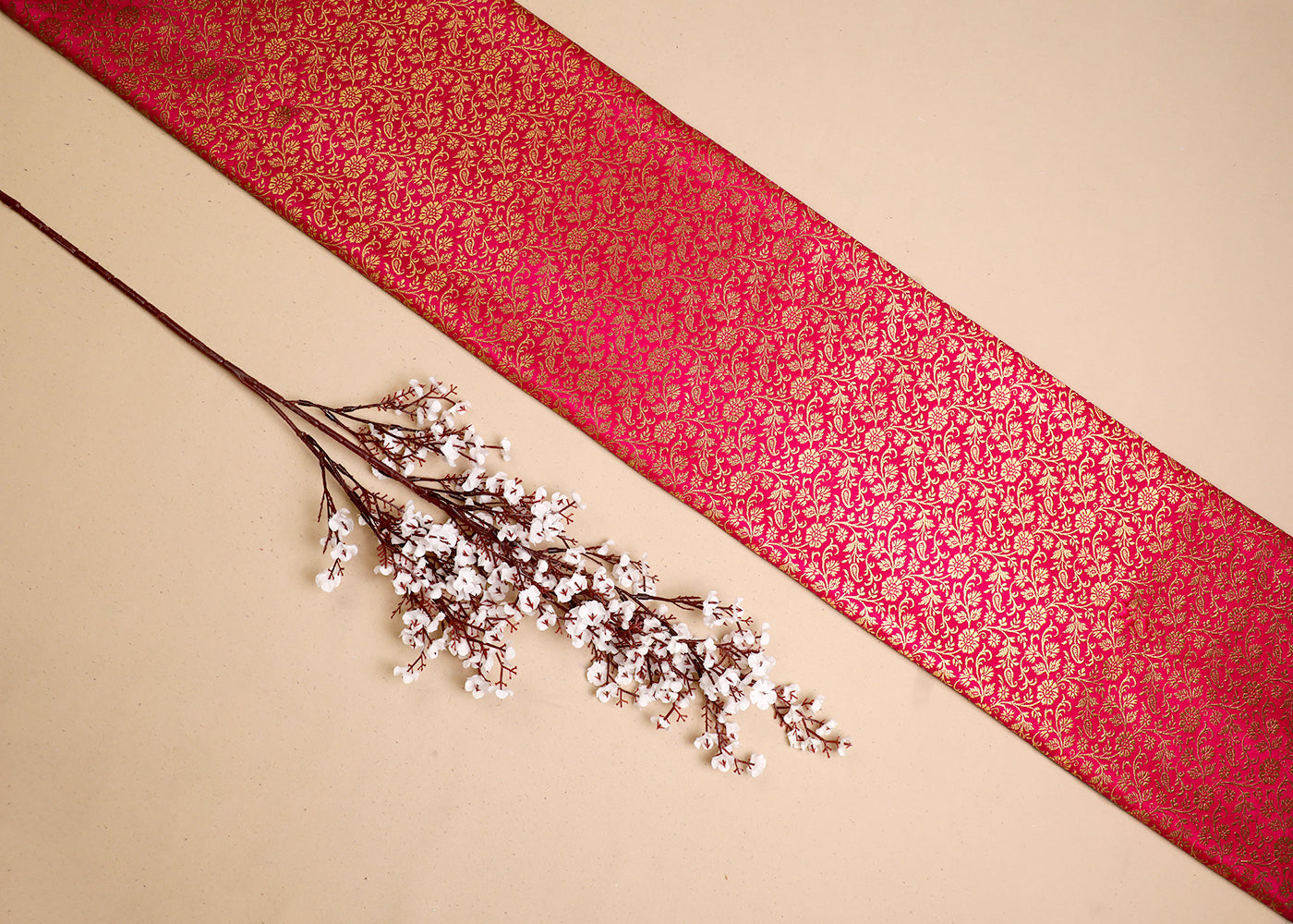 Pink Banarasi Brocade Fabric With All Over Golden Zari Handloom 19467