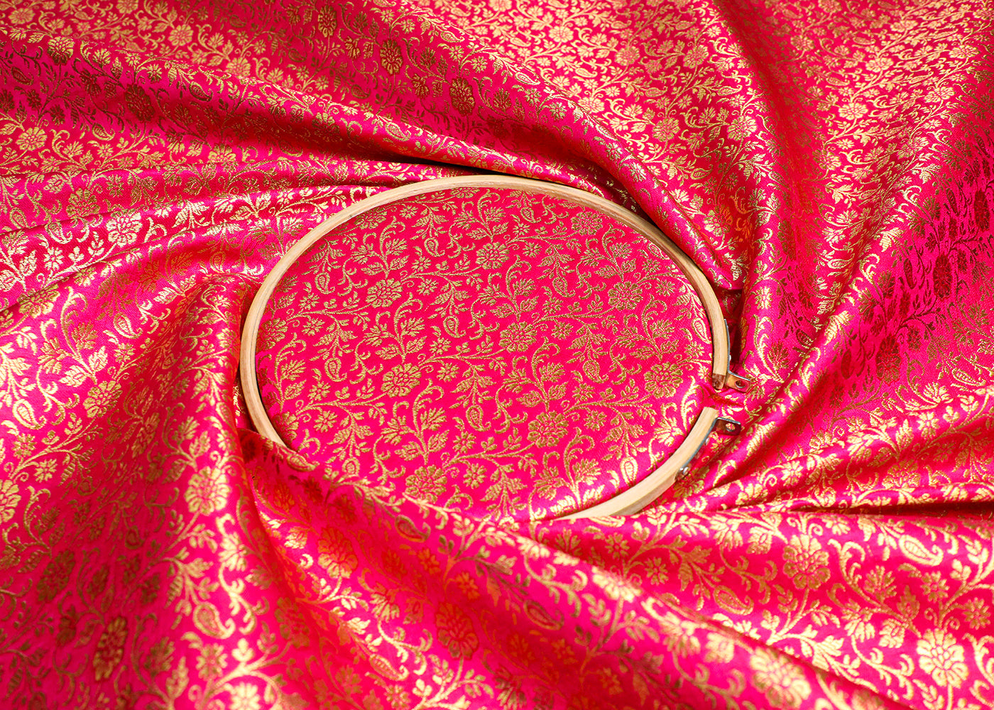 Pink Banarasi Brocade Fabric With All Over Golden Zari Handloom 19467