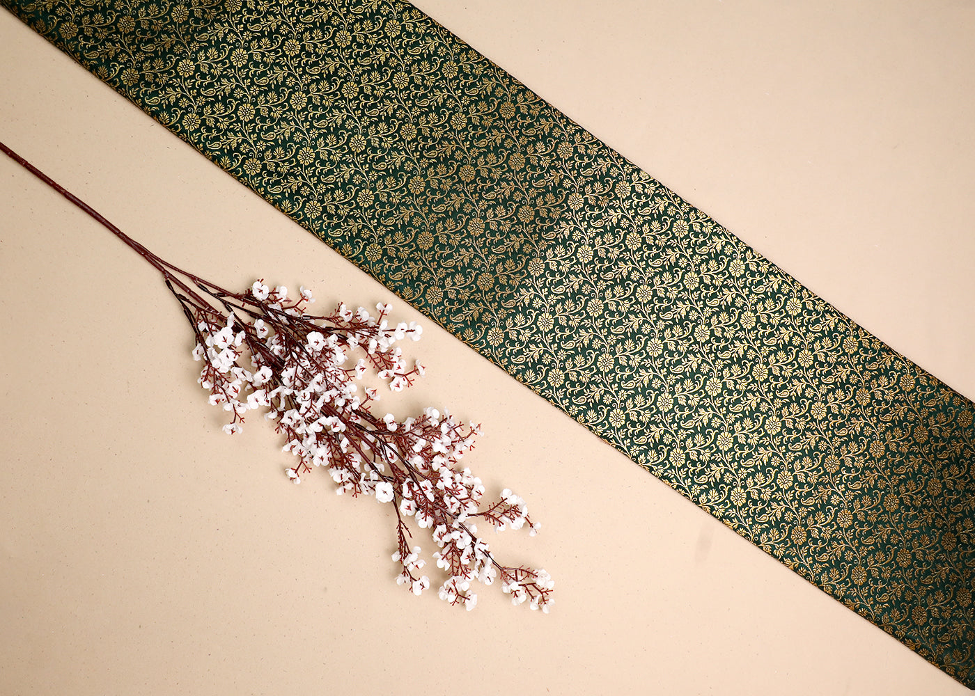 Bottle Green Banarasi Brocade Fabric With All Over Golden Zari Handloom 19468