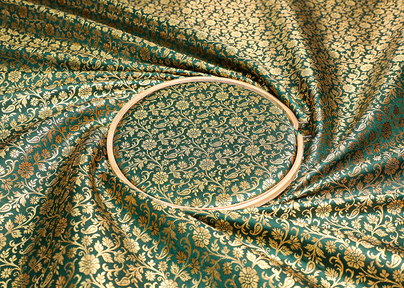 Bottle Green Banarasi Brocade Fabric With All Over Golden Zari Handloom 19468