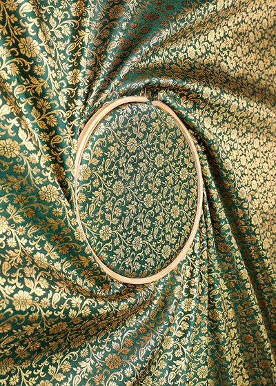 Bottle Green Banarasi Brocade Fabric With All Over Golden Zari Handloom 19468