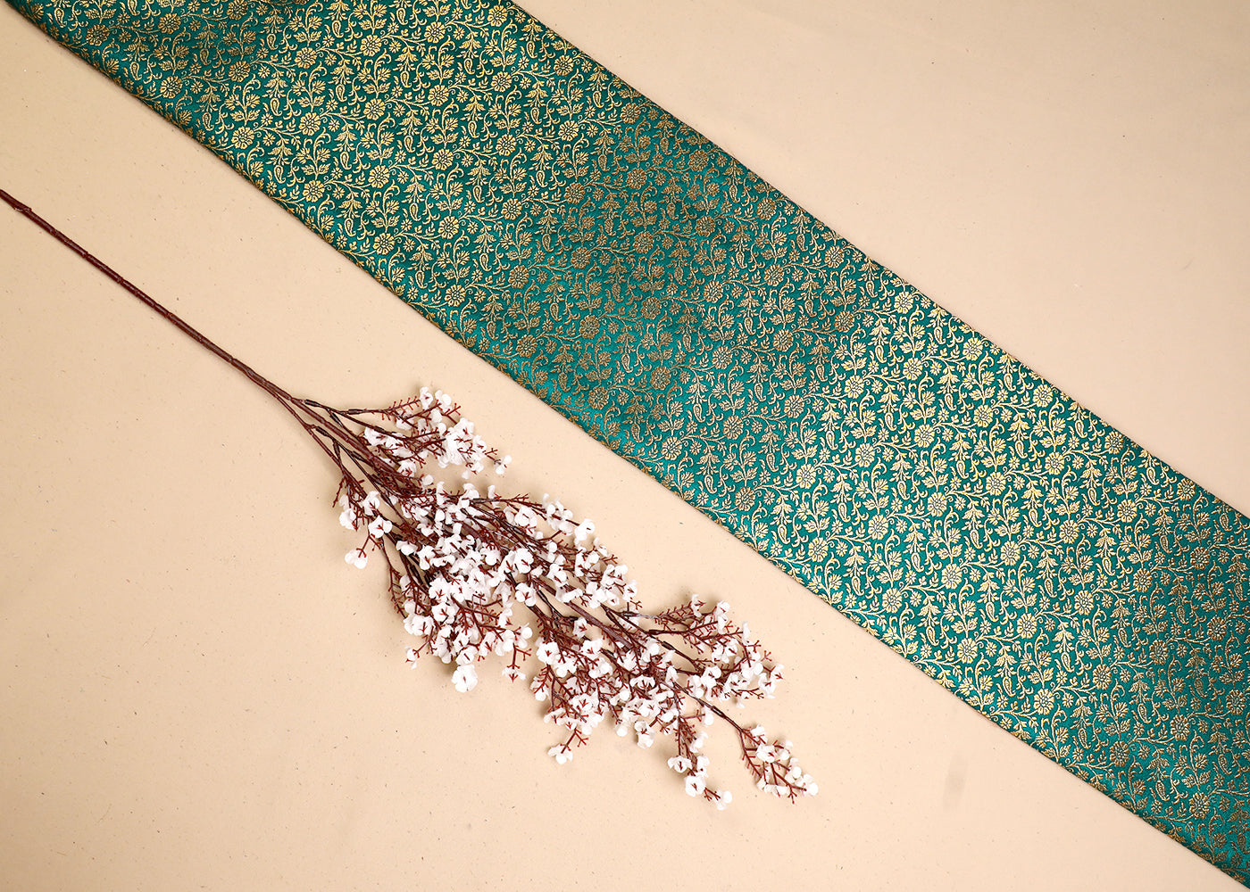 Green Banarasi Brocade Fabric With All Over Golden Zari Handloom 19470