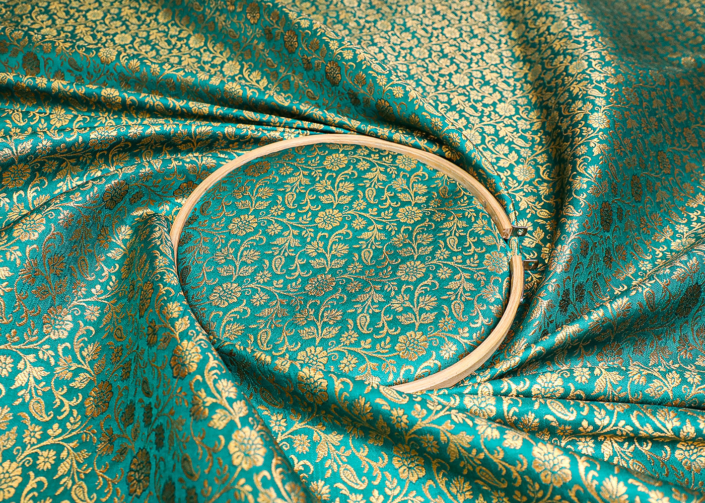 Green Banarasi Brocade Fabric With All Over Golden Zari Handloom 19470