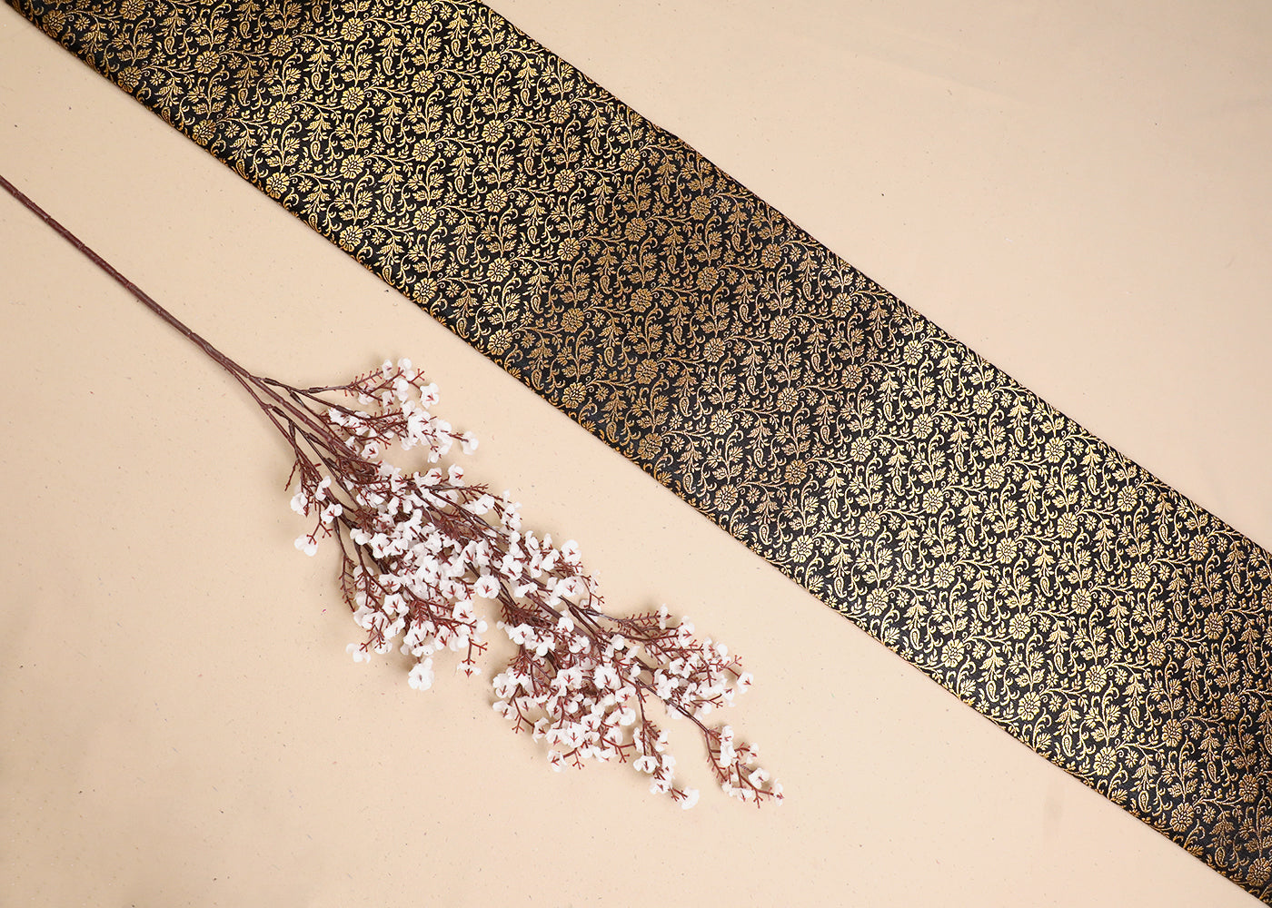 Black Banarasi Brocade Fabric With All Over Golden Zari Handloom 19471
