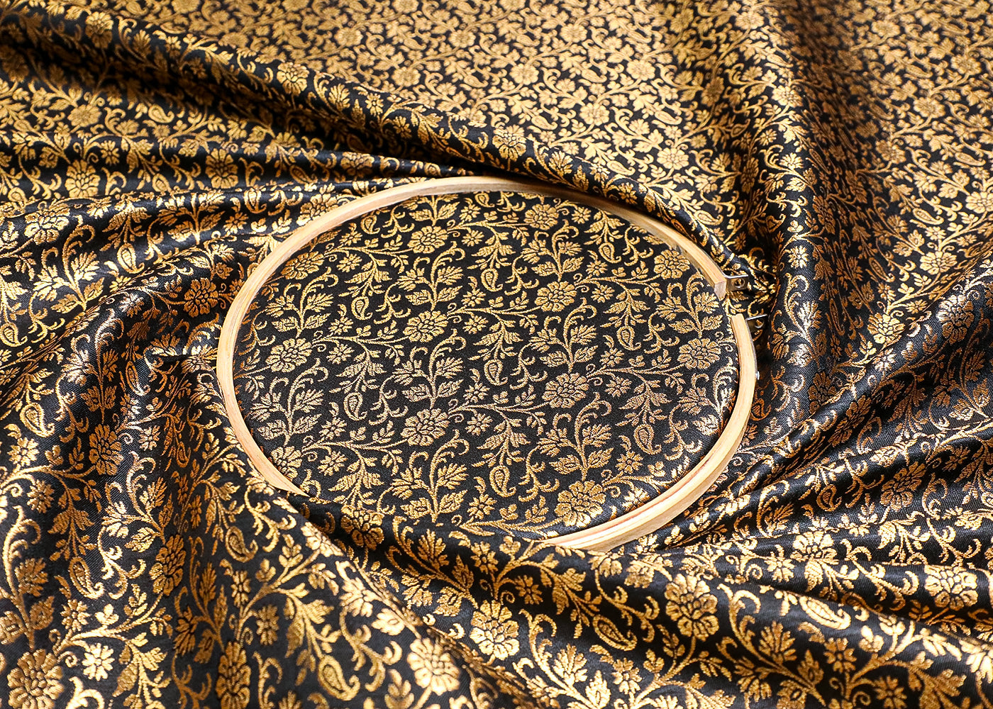 Black Banarasi Brocade Fabric With All Over Golden Zari Handloom 19471