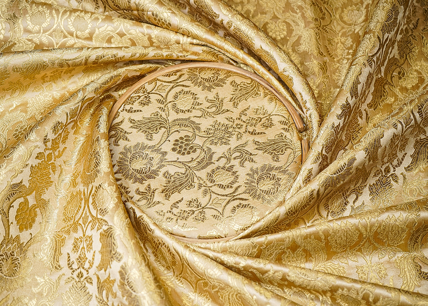 Gold Banarasi Brocade Fabric With All Over Thread And Golden Zari Handloom 19472