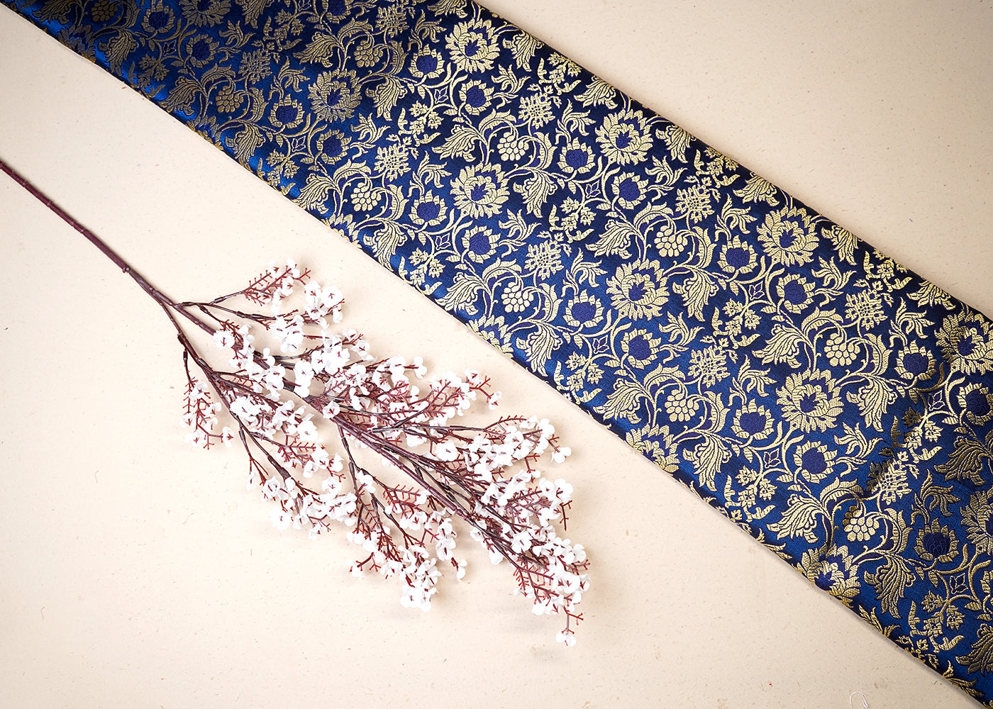 Navy Blue Banarasi Brocade Fabric With All Over Thread And Golden Zari Handloom 19473