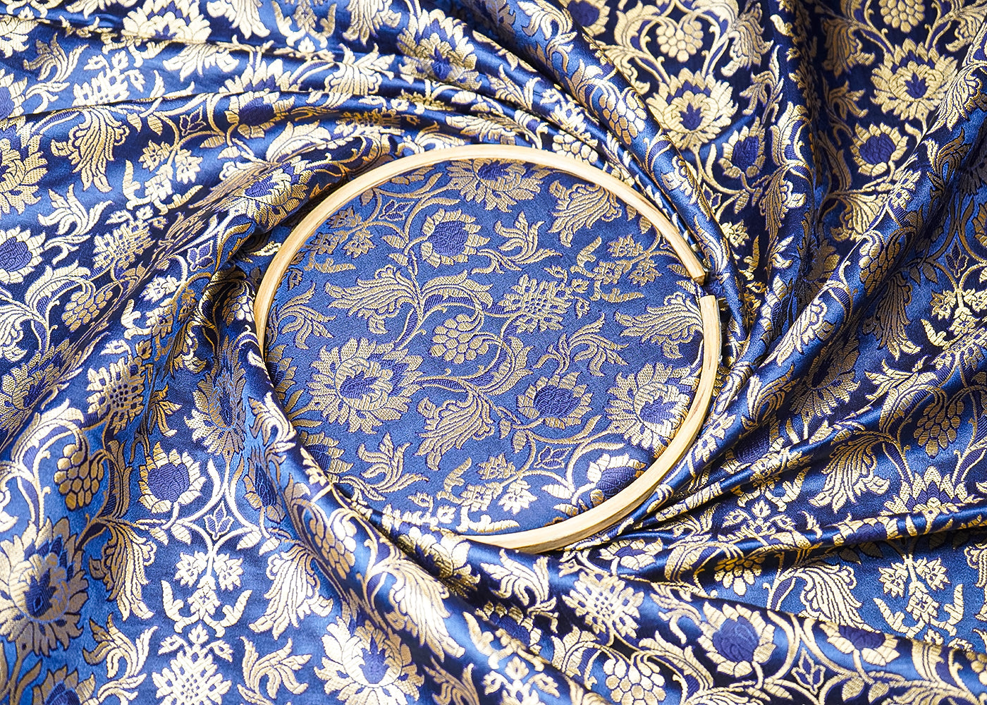 Navy Blue Banarasi Brocade Fabric With All Over Thread And Golden Zari Handloom 19473