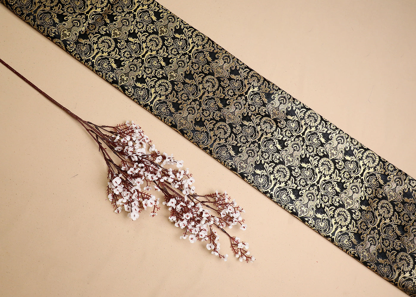 Black Banarasi Brocade Fabric With All Over Thread And Golden Zari Handloom 19475