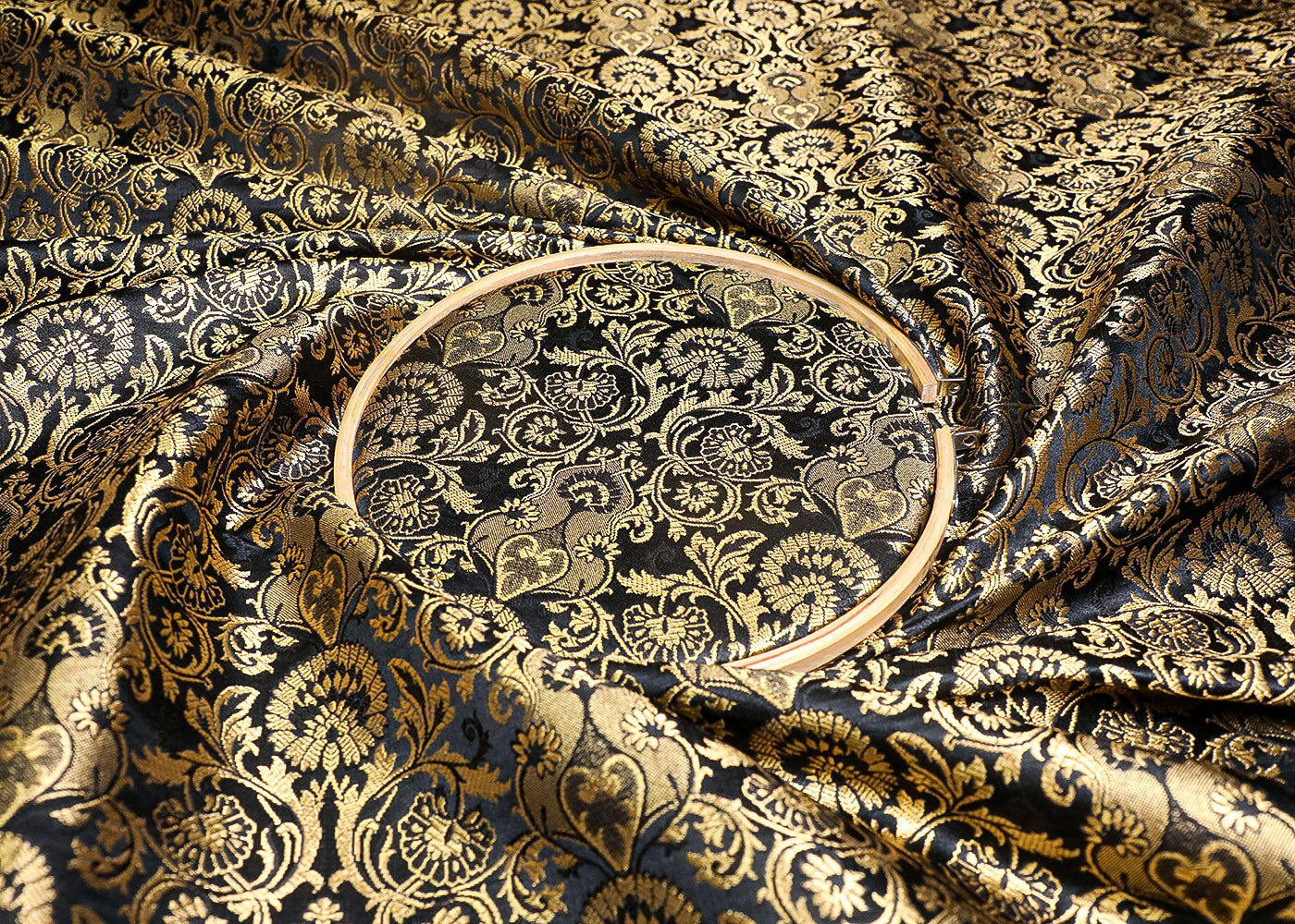 Black Banarasi Brocade Fabric With All Over Thread And Golden Zari Handloom 19475