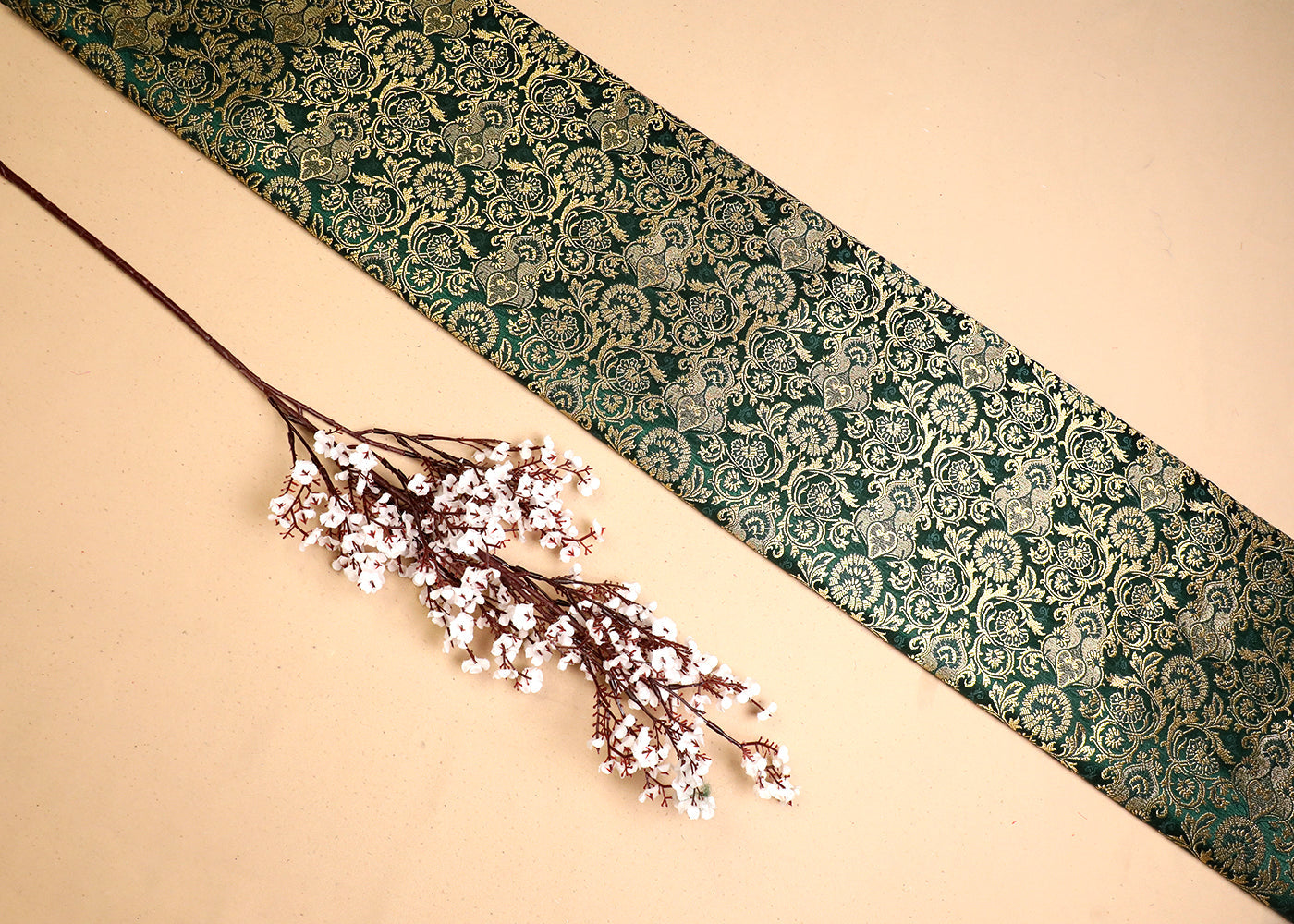 Bottle Green Banarasi Brocade Fabric With All Over Thread And Golden Zari Handloom 19476