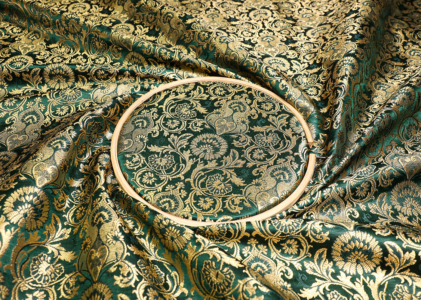 Bottle Green Banarasi Brocade Fabric With All Over Thread And Golden Zari Handloom 19476
