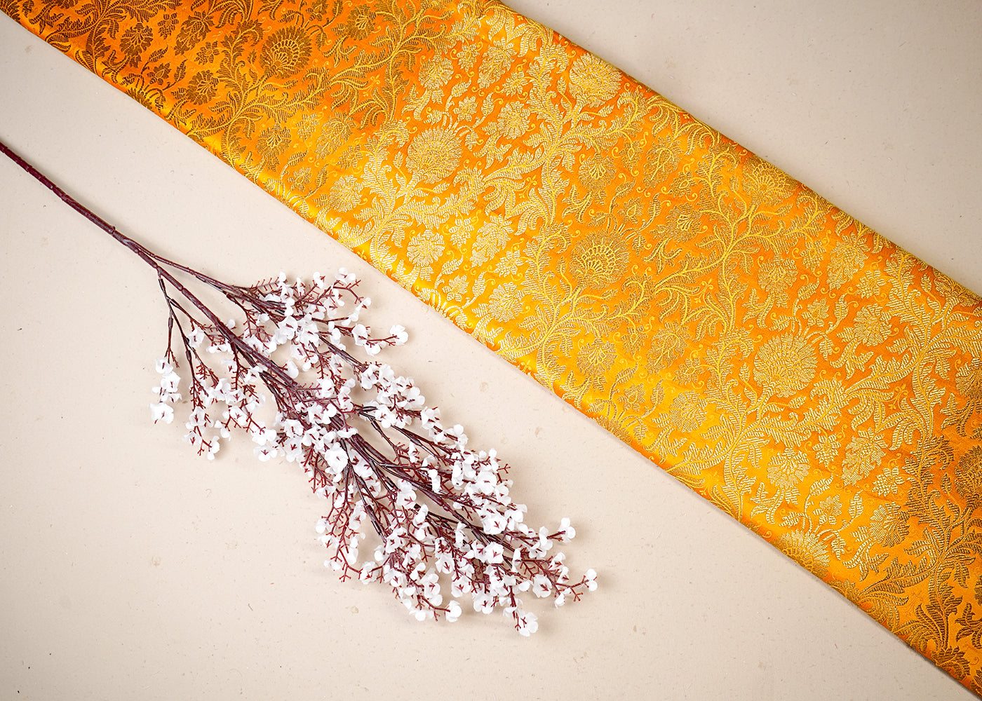 Yellow Banarasi Brocade Fabric With All Over Golden Zari Handloom 19479