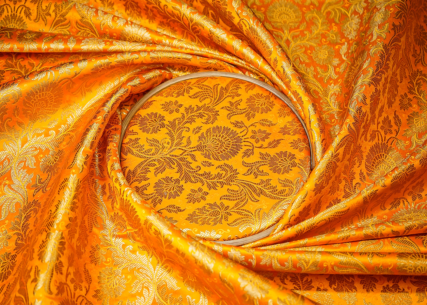 Yellow Banarasi Brocade Fabric With All Over Golden Zari Handloom 19479