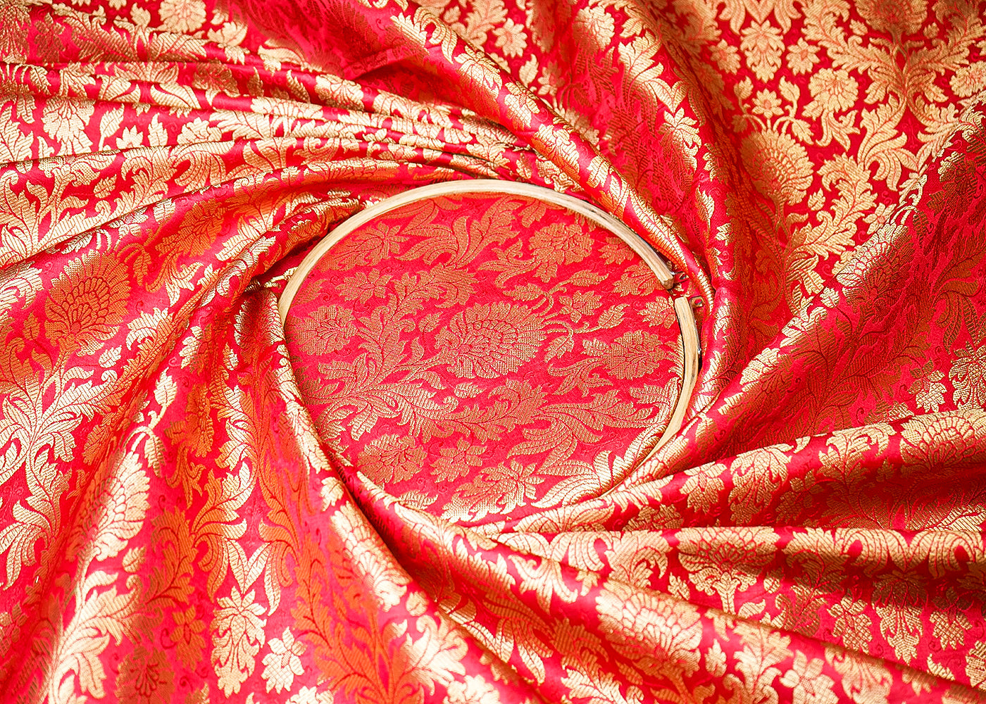 Red Banarasi Brocade Fabric With All Over Golden Zari Handloom 19482