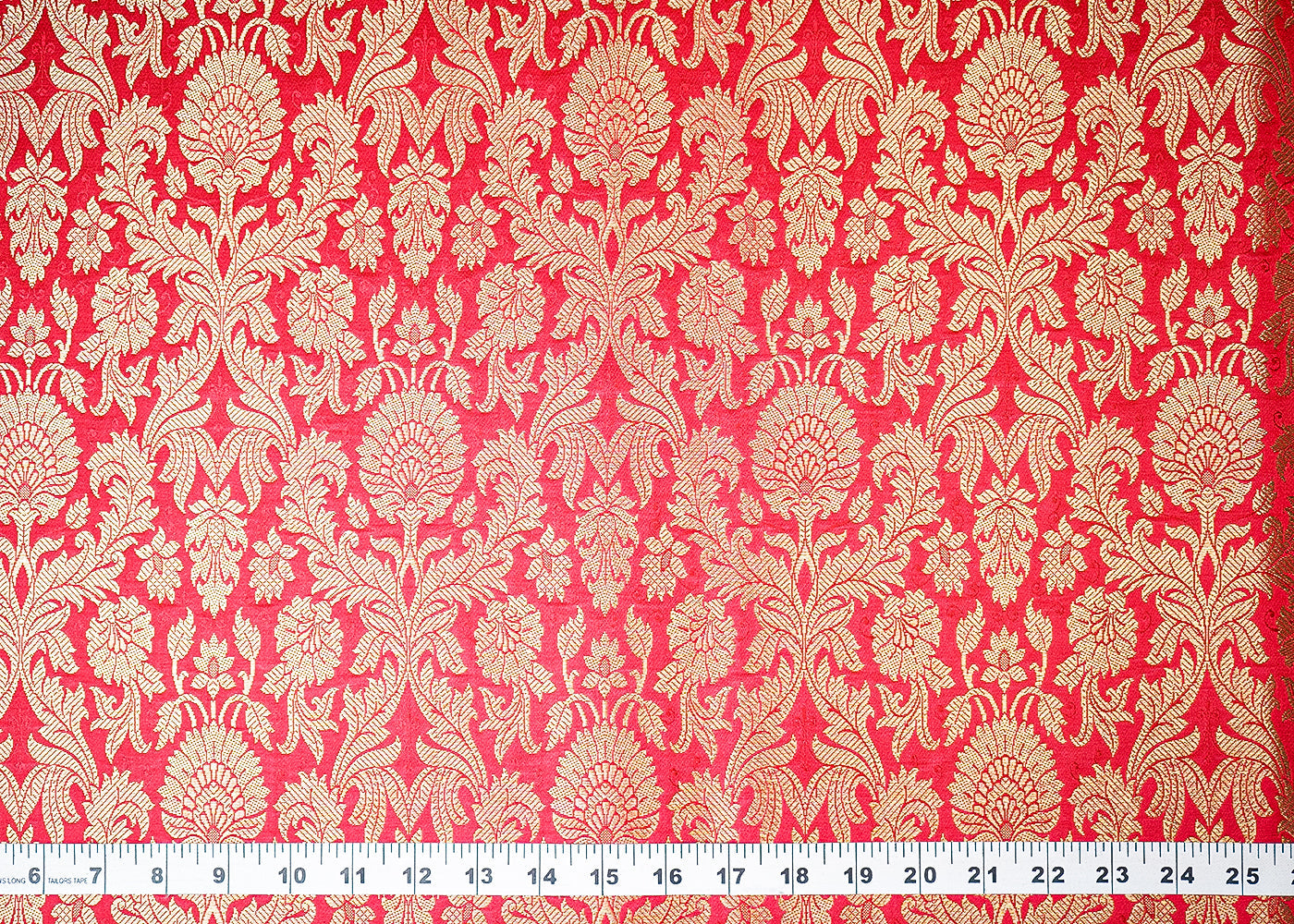 Red Banarasi Brocade Fabric With All Over Golden Zari Handloom 19482