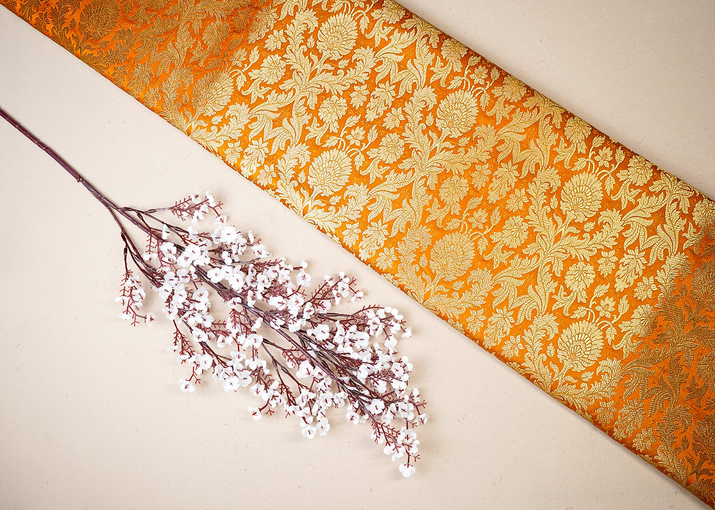 Mustard Banarasi Brocade Fabric With All Over Golden Zari Handloom 19483