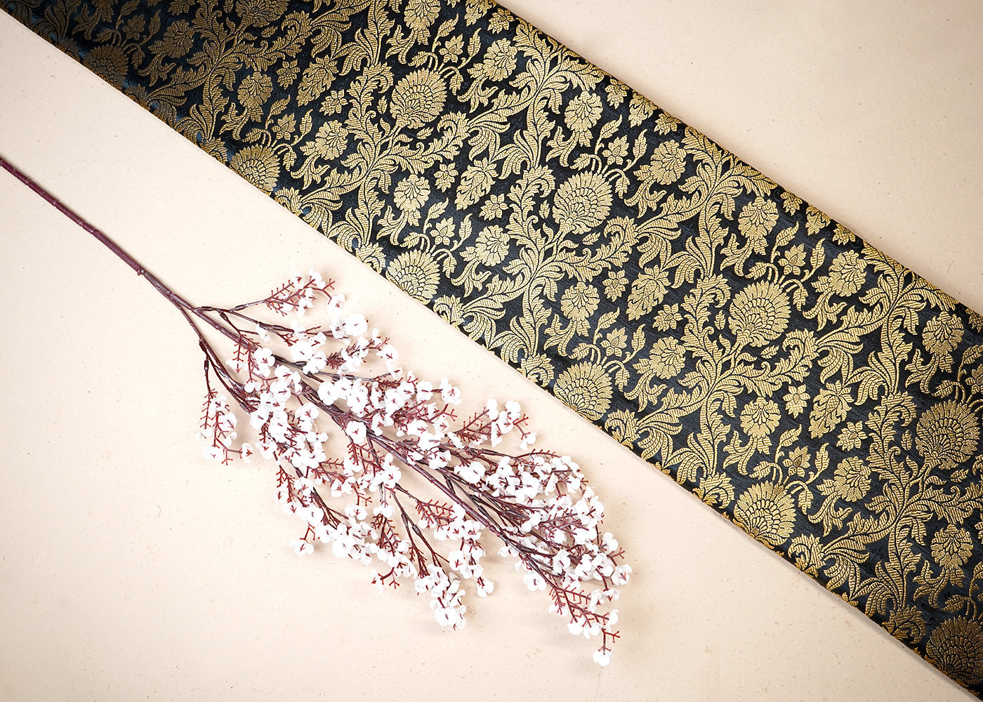 Black Banarasi Brocade Fabric With All Over Golden Zari Handloom 19484