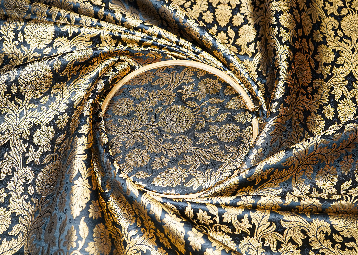 Black Banarasi Brocade Fabric With All Over Golden Zari Handloom 19484