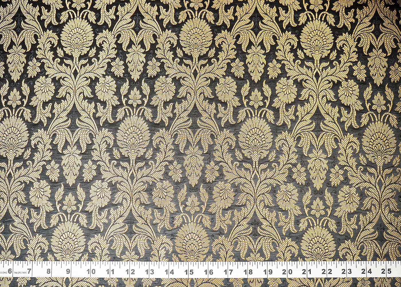 Black Banarasi Brocade Fabric With All Over Golden Zari Handloom 19484