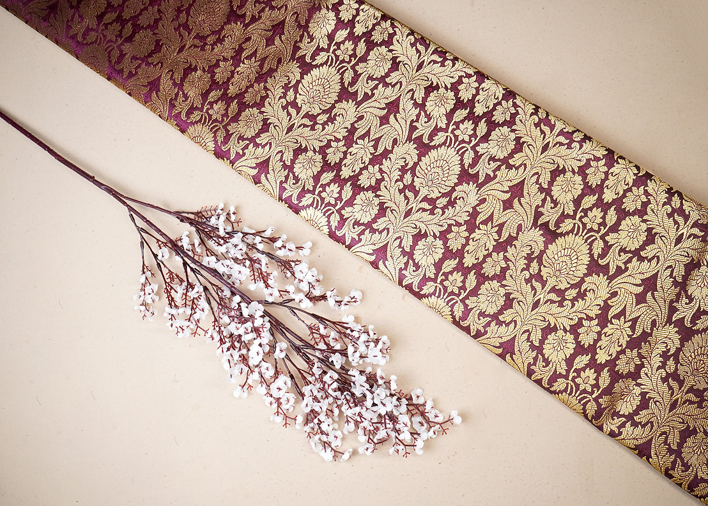 Wine Banarasi Brocade Fabric With All Over Golden Zari Handloom 19485