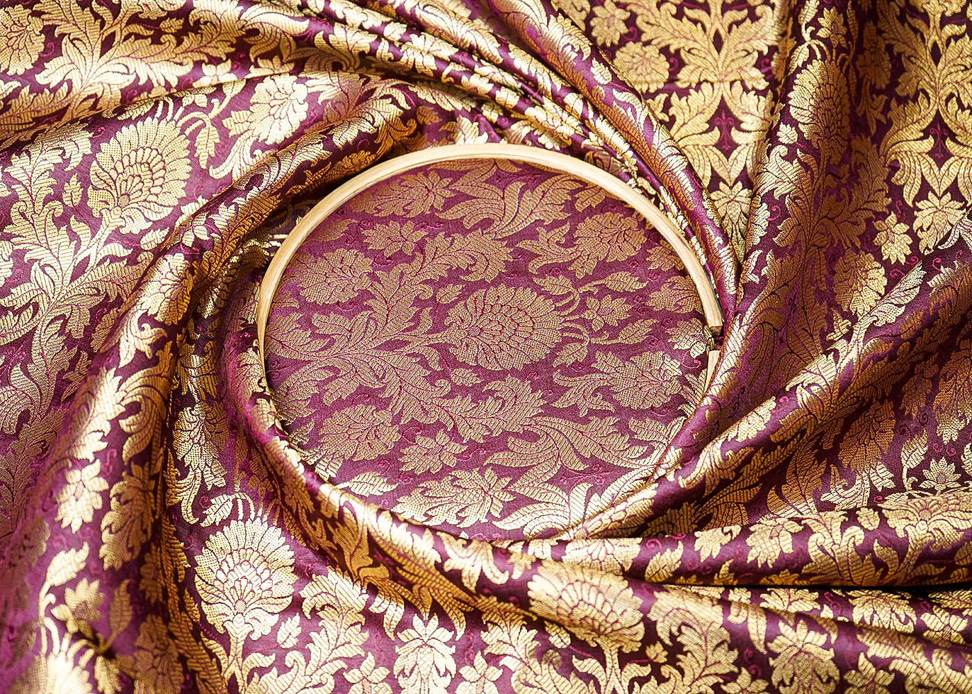 Wine Banarasi Brocade Fabric With All Over Golden Zari Handloom 19485