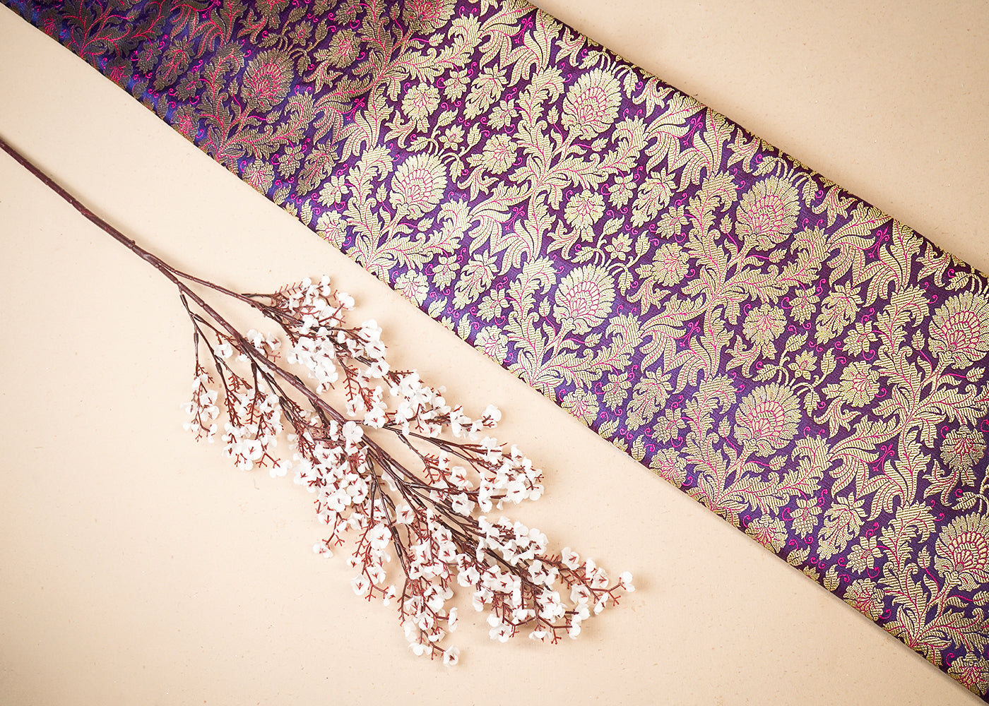 Purple Banarasi Brocade Fabric With All Over Golden Zari Handloom 19486