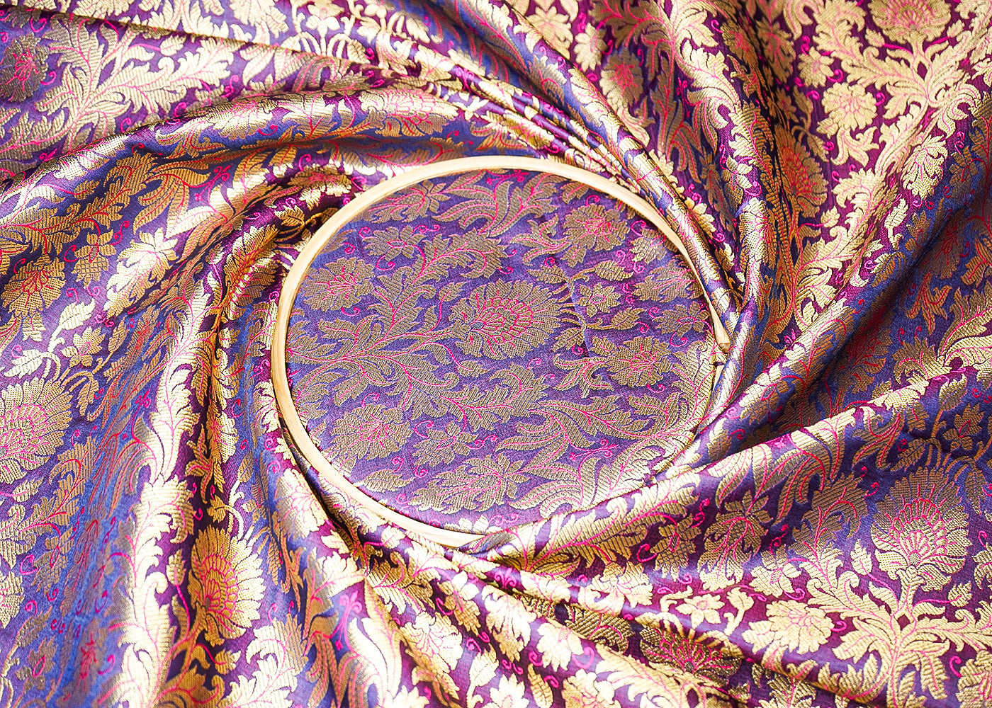 Purple Banarasi Brocade Fabric With All Over Golden Zari Handloom 19486