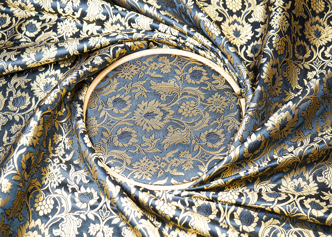 Black Banarasi Brocade Fabric With All Over Thread And Golden Zari Handloom 19487