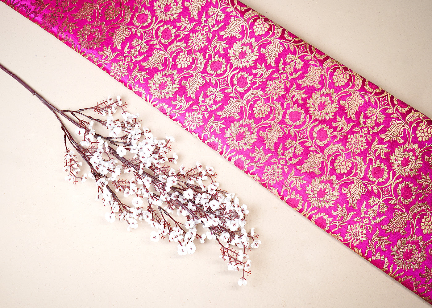 Pink Banarasi Brocade Fabric With All Over Thread And Golden Zari Handloom 19488