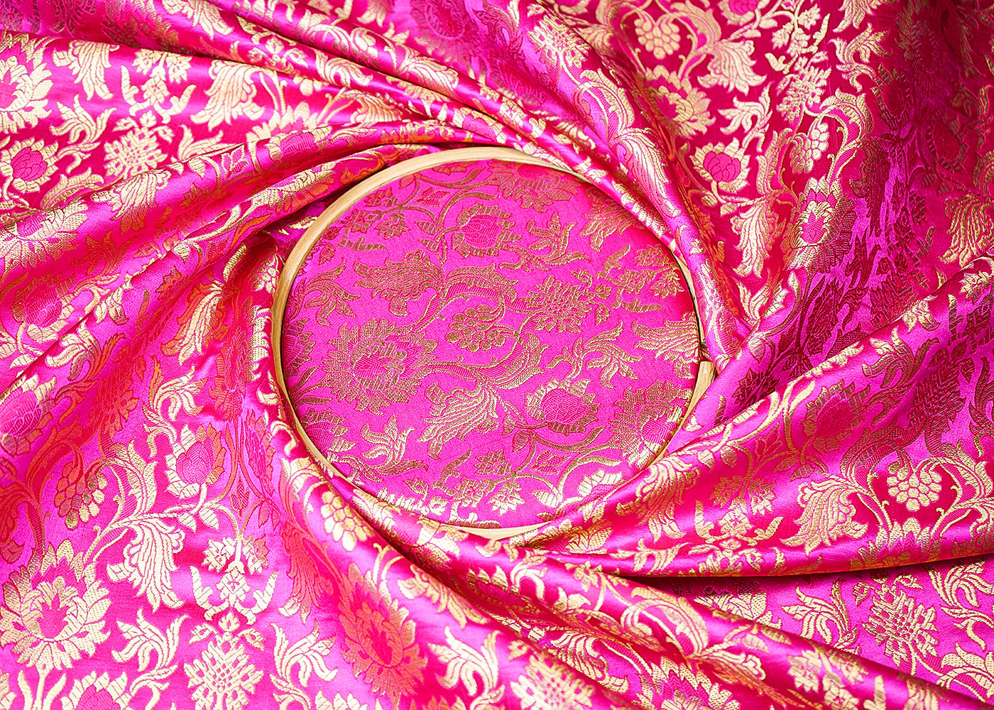 Pink Banarasi Brocade Fabric With All Over Thread And Golden Zari Handloom 19488