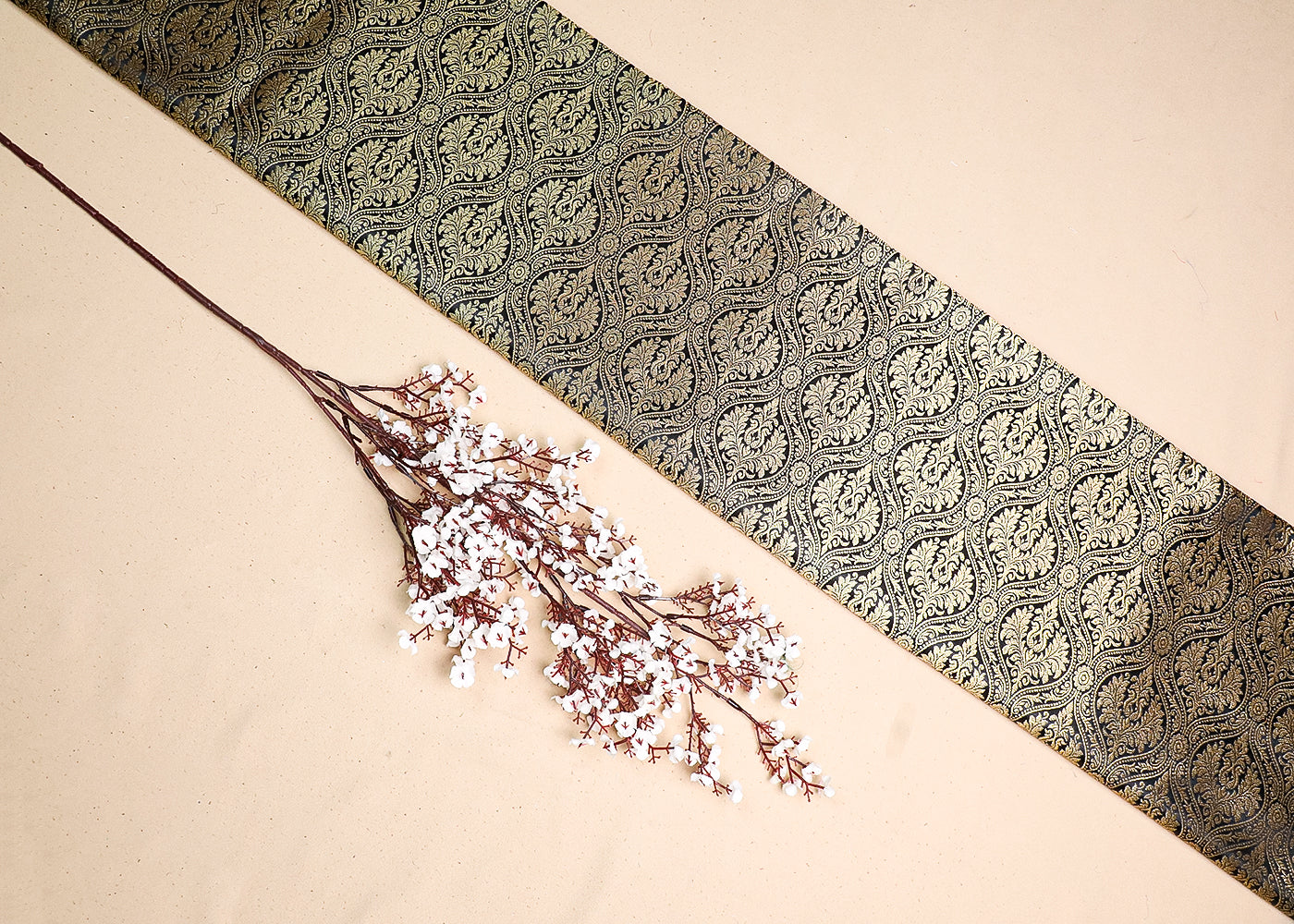 Black Banarasi Brocade Fabric With All Over Golden Zari Handloom 19489