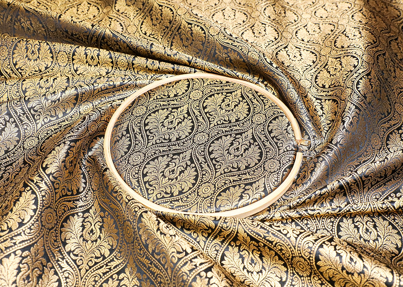 Black Banarasi Brocade Fabric With All Over Golden Zari Handloom 19489