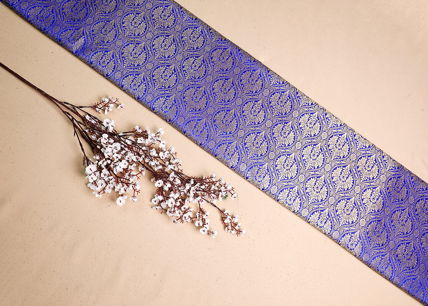 Royal Blue Banarasi Brocade Fabric With All Over Golden Zari Handloom 19491