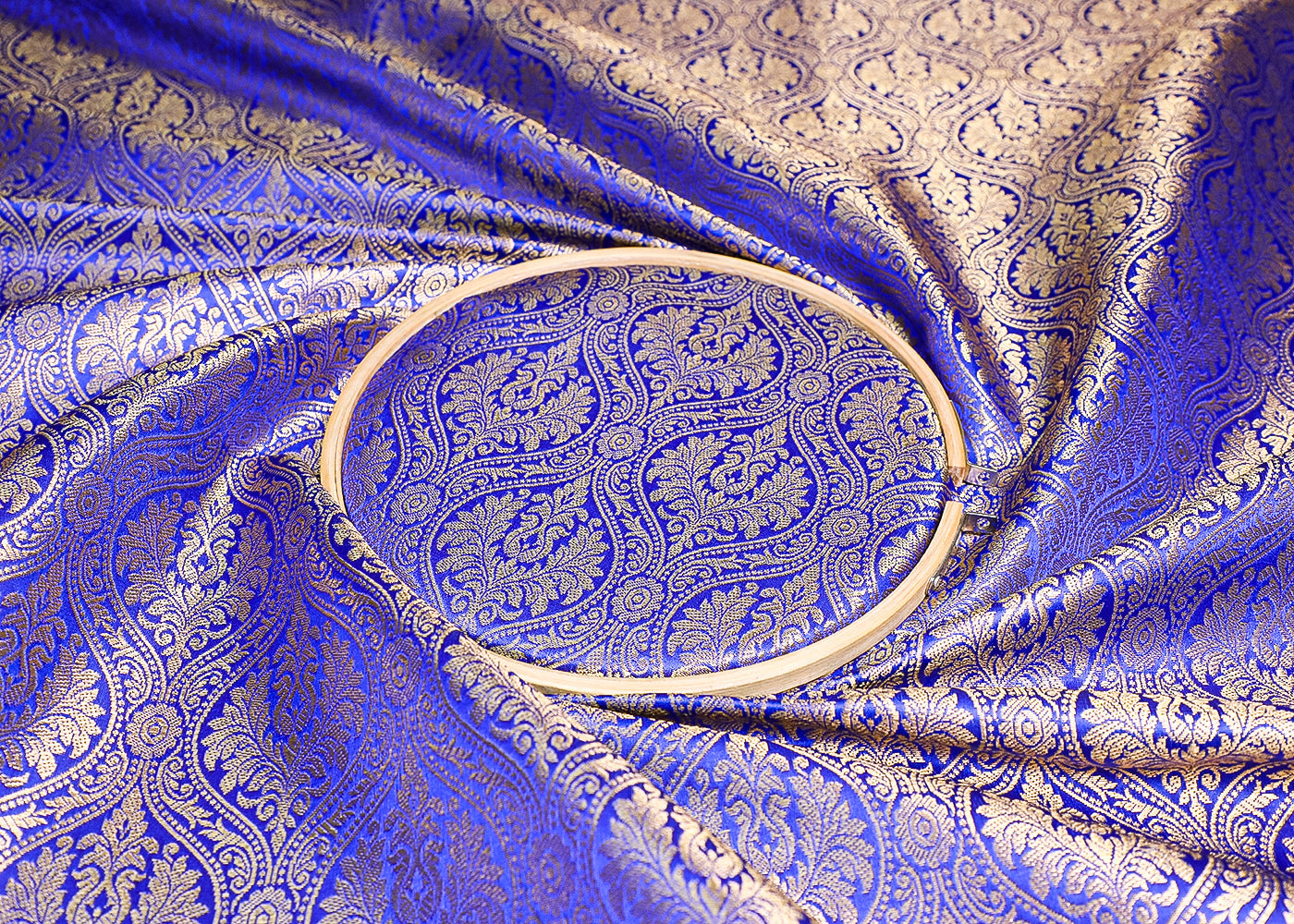 Royal Blue Banarasi Brocade Fabric With All Over Golden Zari Handloom 19491
