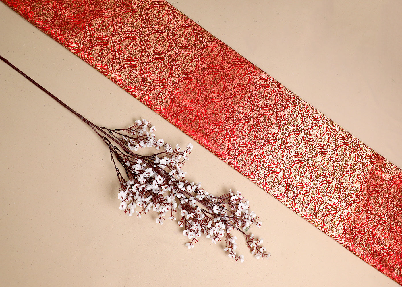Red Banarasi Brocade Fabric With All Over Golden Zari Handloom 19492