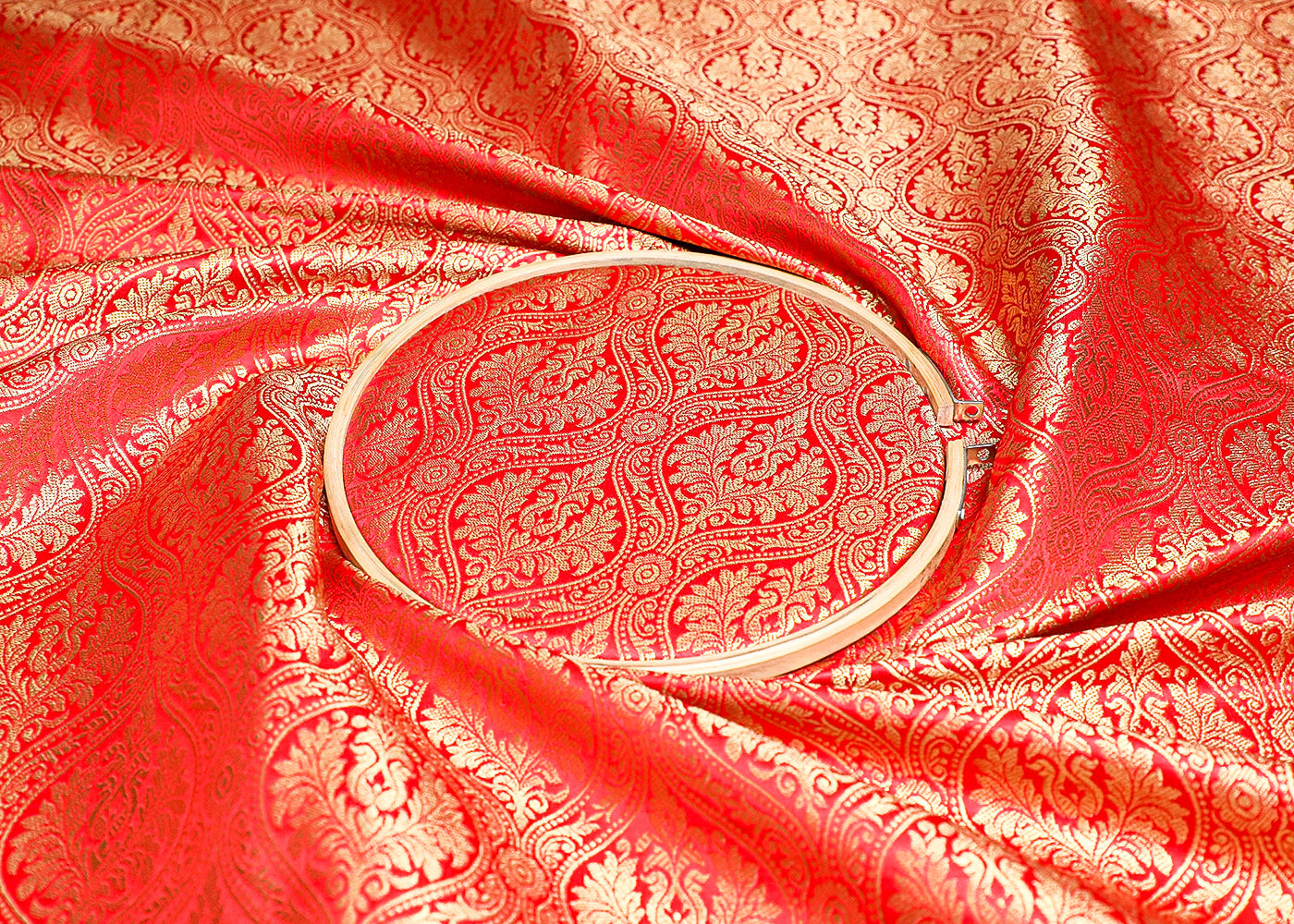 Red Banarasi Brocade Fabric With All Over Golden Zari Handloom 19492