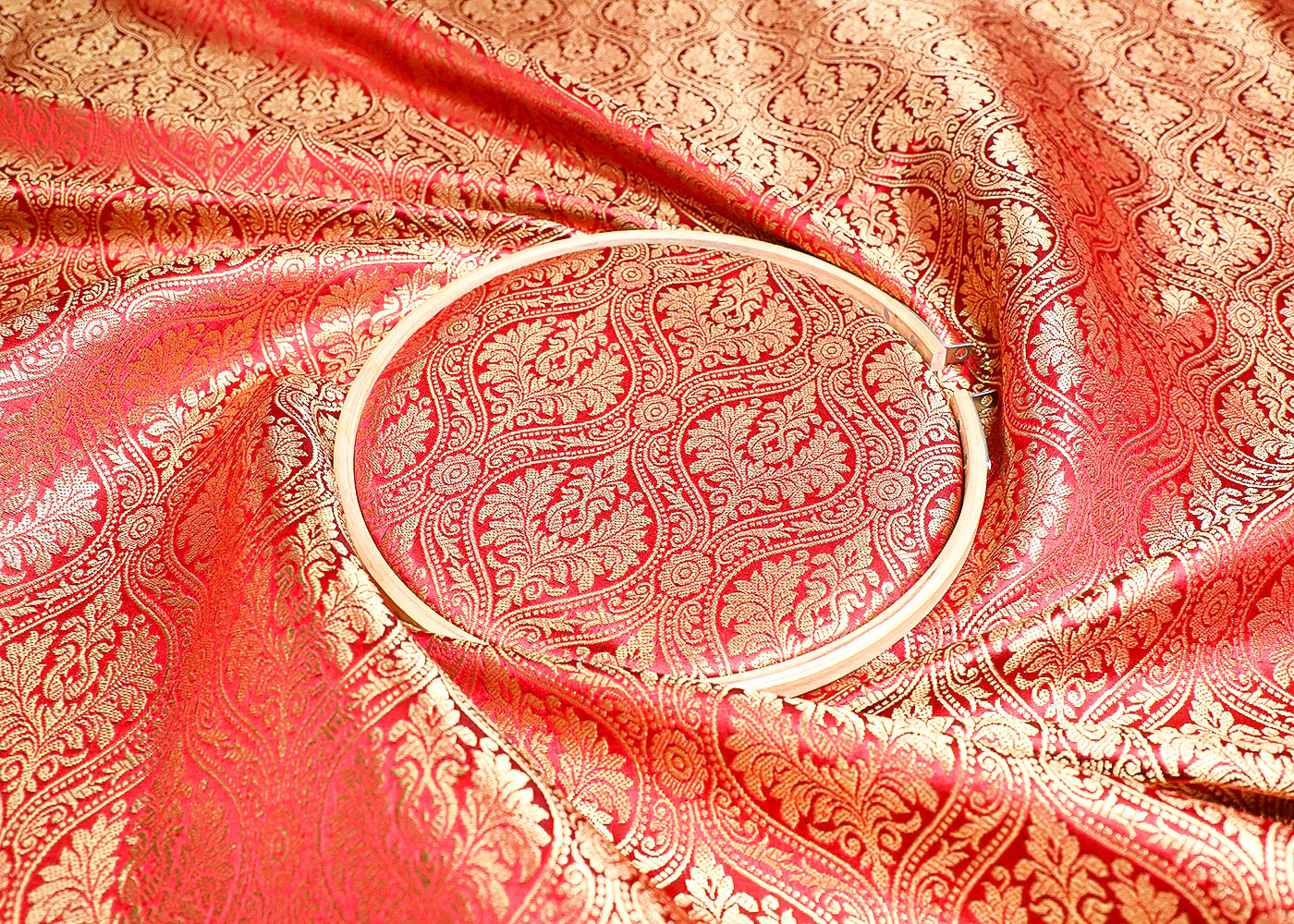 Maroon Banarasi Brocade Fabric With All Over Golden Zari Handloom 19493