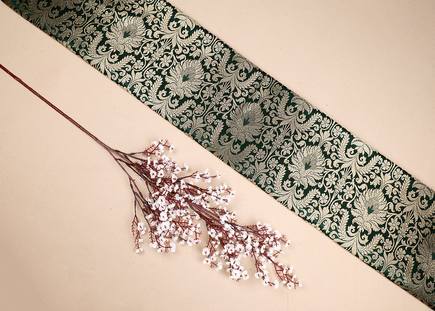 Bottle Green Banarasi Brocade Fabric With All Over Golden Zari Handloom 19494