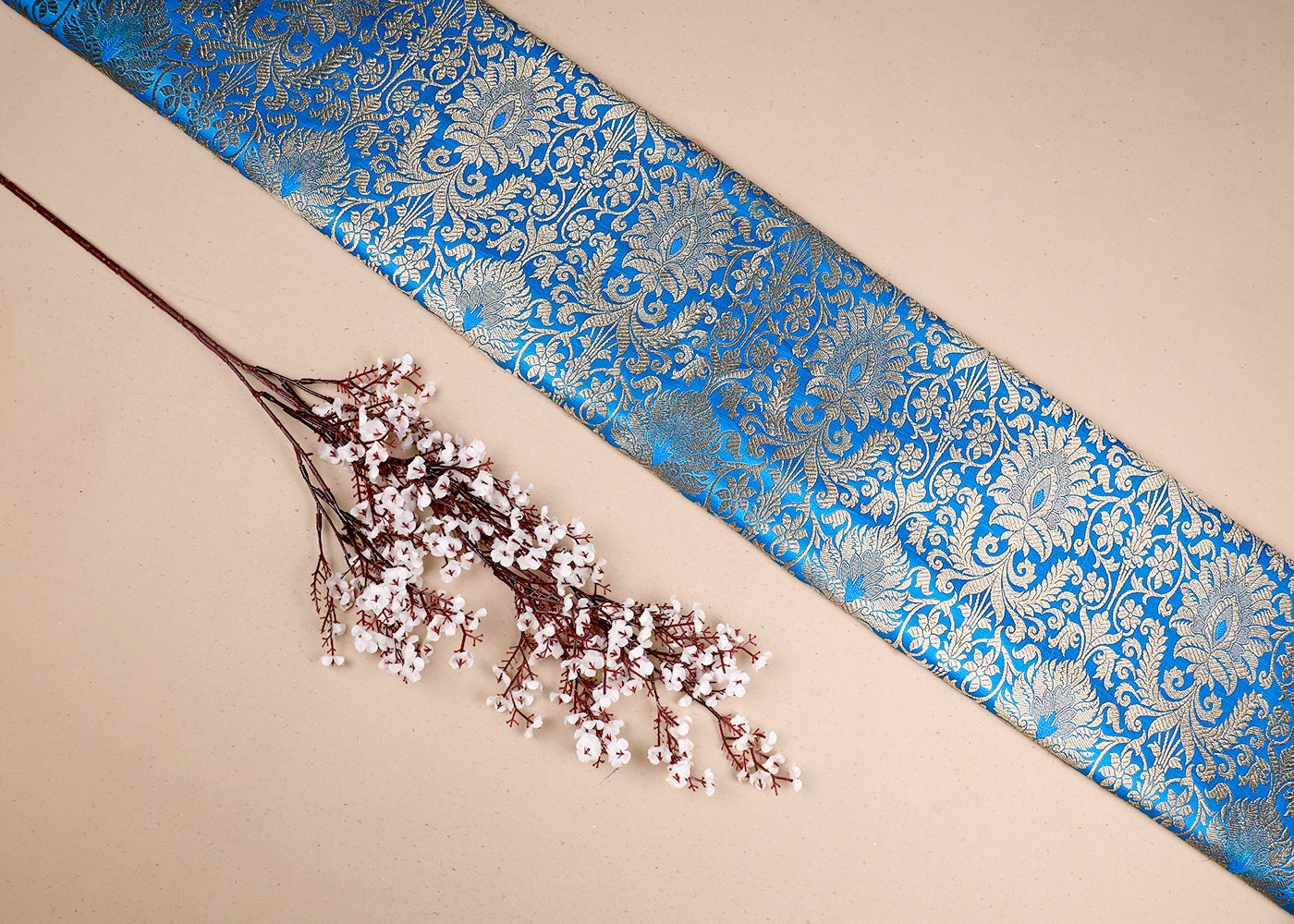 Blue Banarasi Brocade Fabric With All Over Golden Zari Handloom 19496