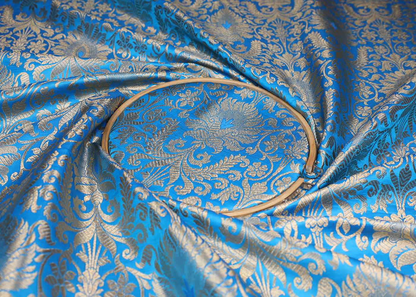 Blue Banarasi Brocade Fabric With All Over Golden Zari Handloom 19496