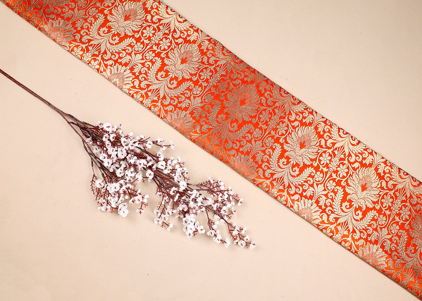 Orange Banarasi Brocade Fabric With All Over Golden Zari Handloom 19497