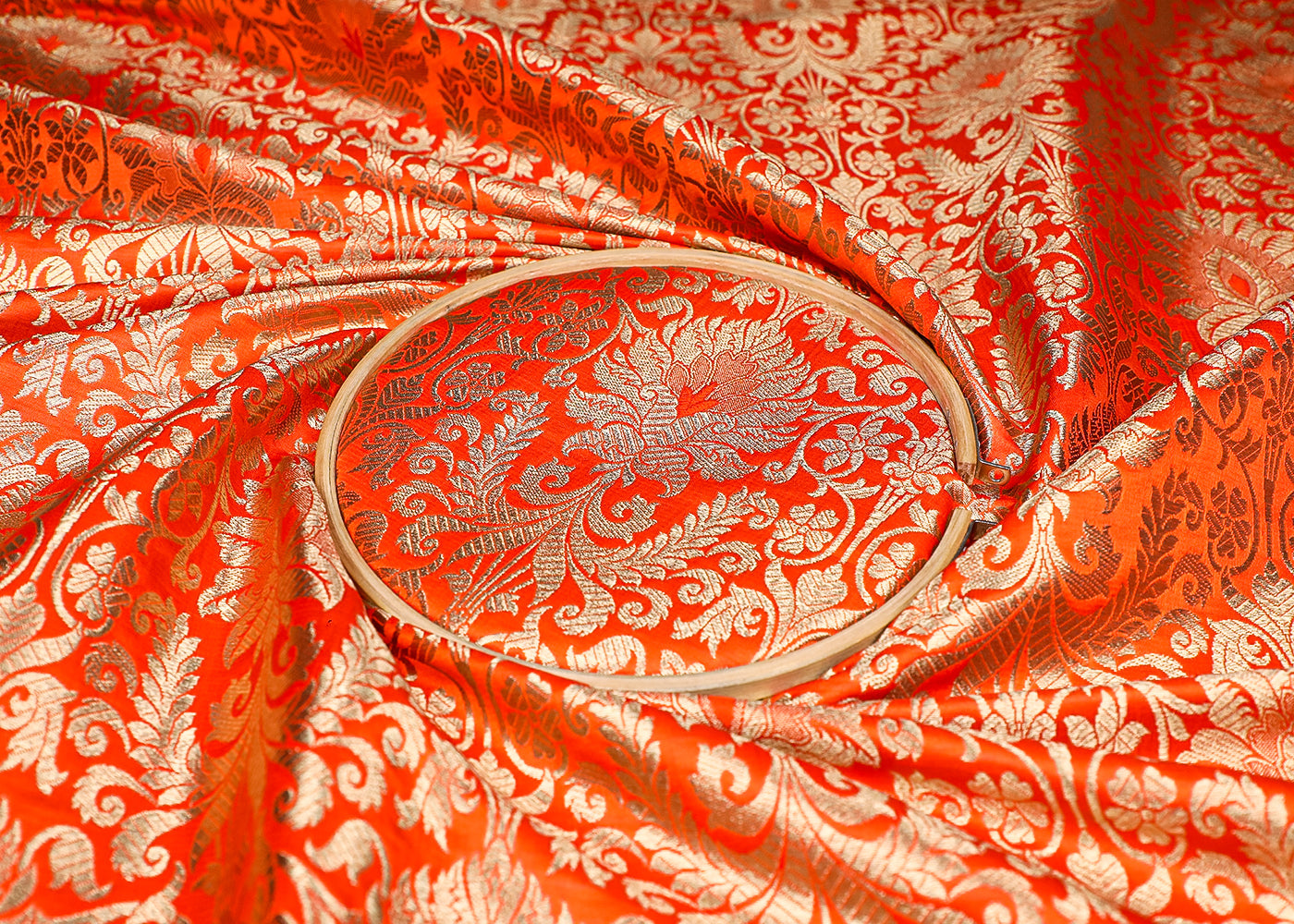Orange Banarasi Brocade Fabric With All Over Golden Zari Handloom 19497