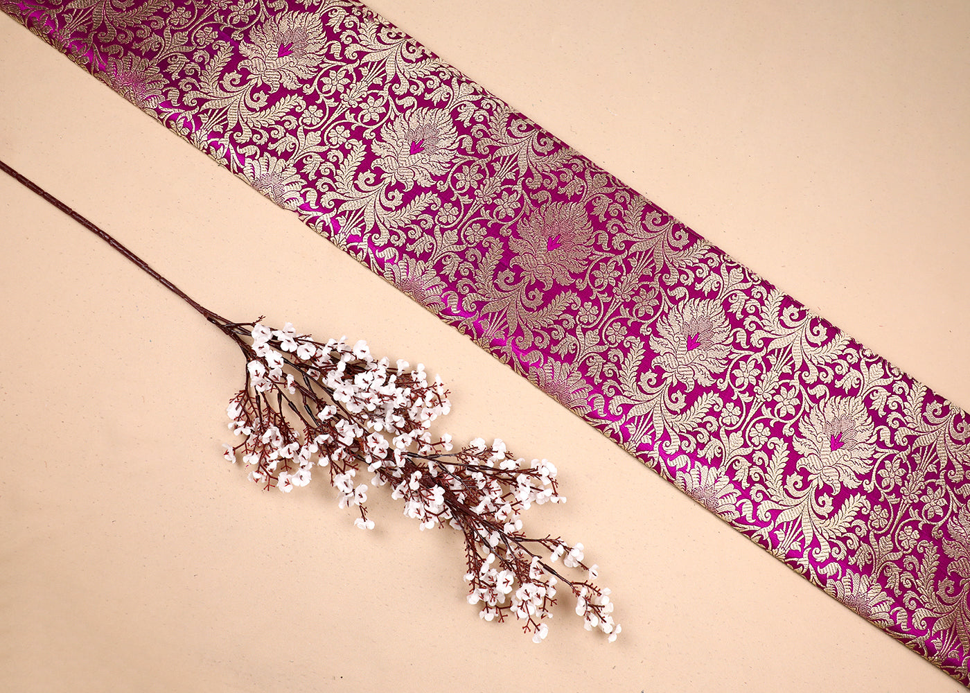 Purple Banarasi Brocade Fabric With All Over Golden Zari Handloom 19498
