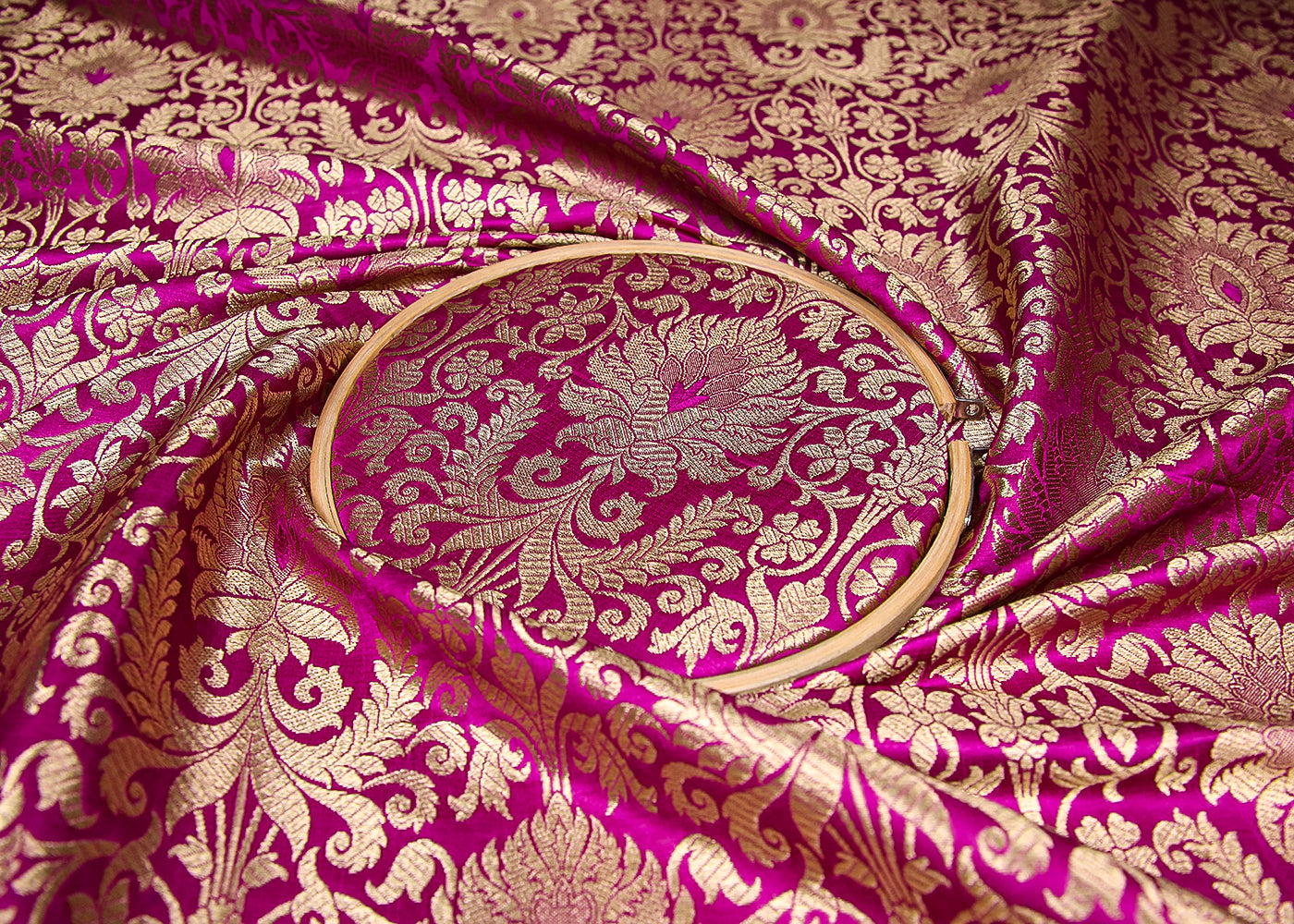 Purple Banarasi Brocade Fabric With All Over Golden Zari Handloom 19498