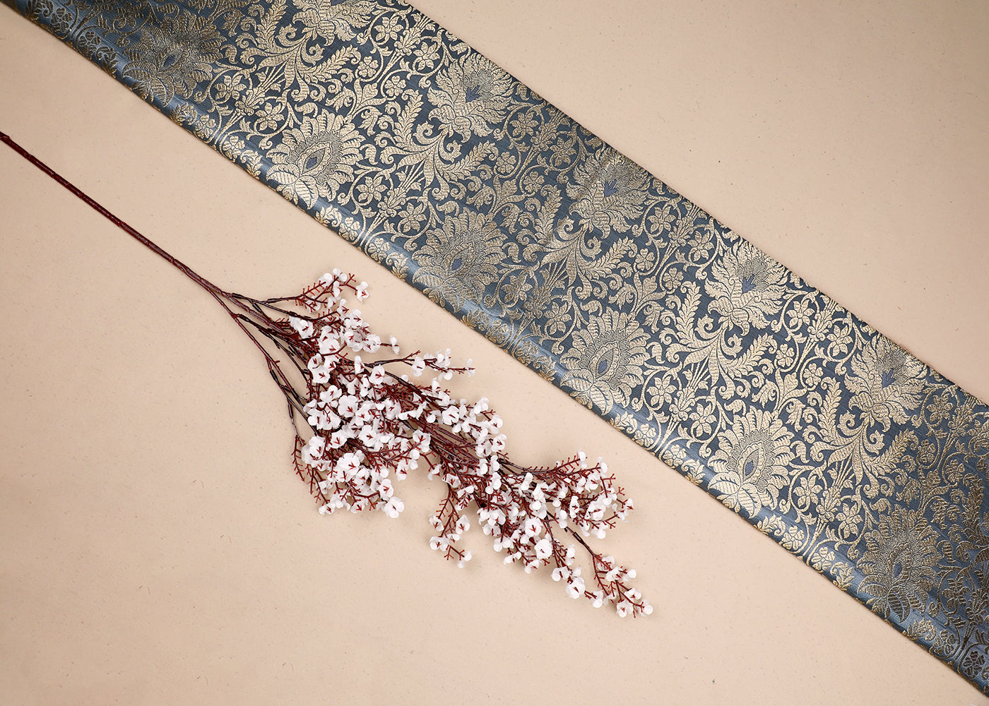 Grey Banarasi Brocade Fabric With All Over Golden Zari Handloom 19499