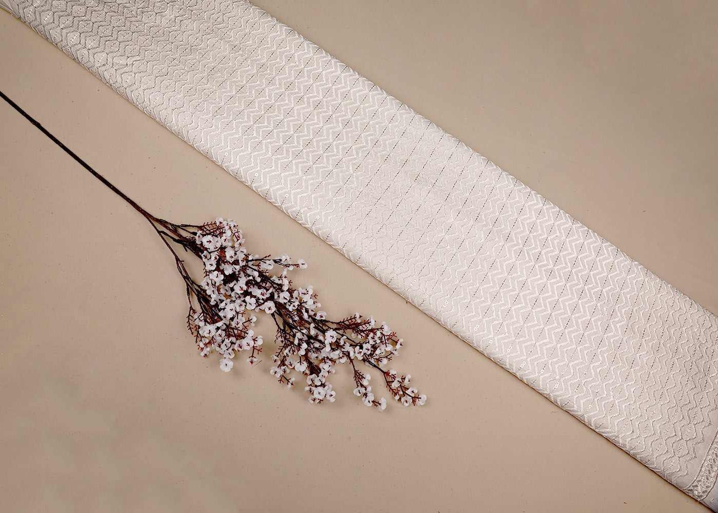 White Upada Silk Fabric With All Over Thread And Sequins Work 19520